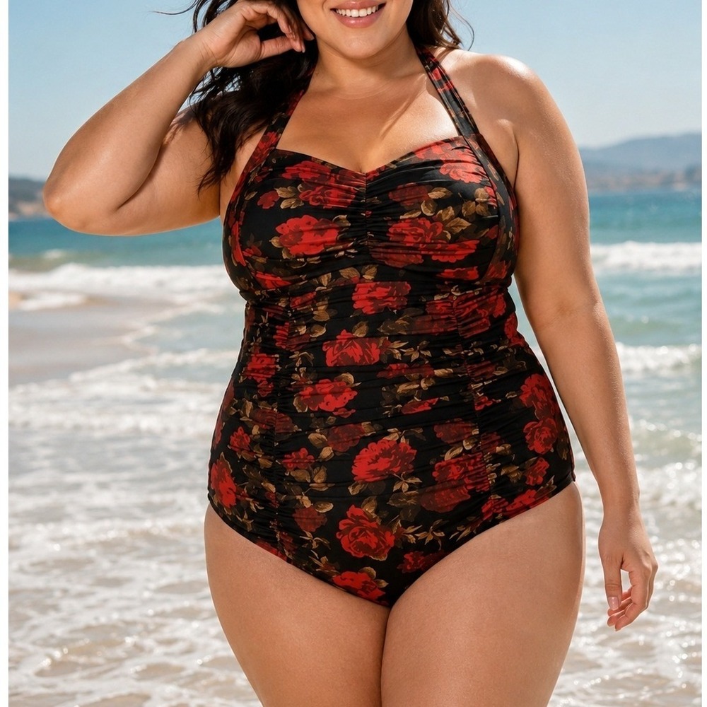 Torrid Retro Ruched One Piece Swimsuit Red Rose Floral Black Size 2X NWT Pin Up